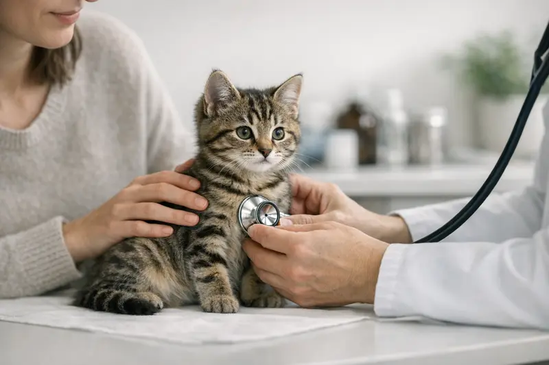 Ein Kätzchen wird beim Tierarzt untersucht, was die Bedeutung der Vorsorge für die Tiergesundheit verdeutlicht.
