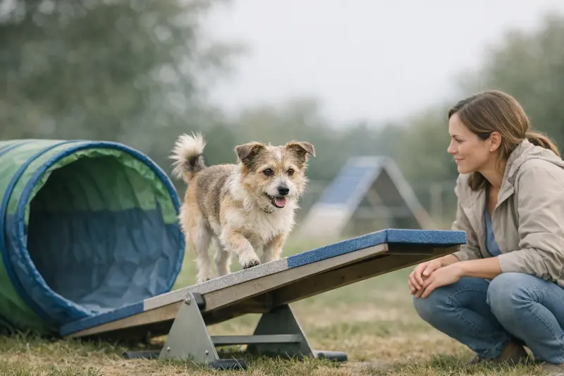Kleiner Hund durchläuft spielerisch einen Agility-Tunnel in einem Trainingsparcours.