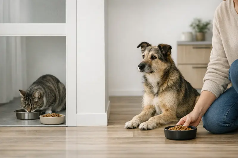 Eine Katze und ein Hund warten getrennt auf ihre Fütterung, symbolisch für die Wichtigkeit der getrennten Fütterung in Mehrtierhaushalten.