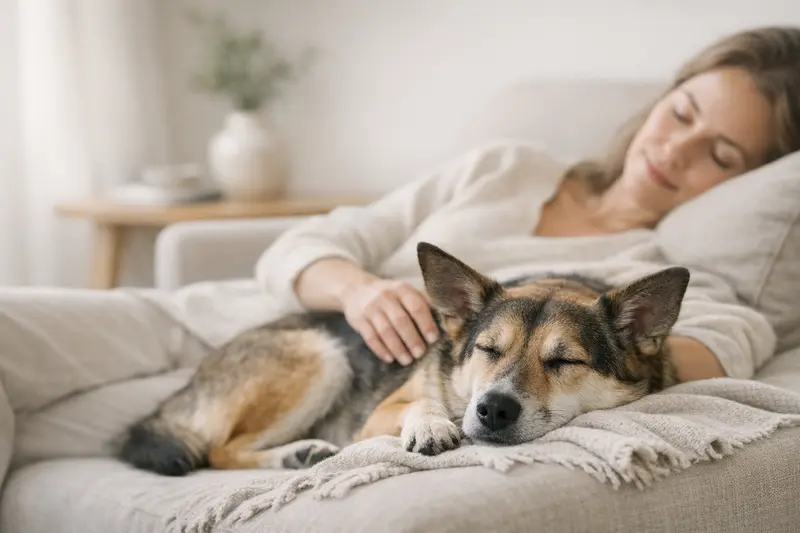Ein ruhender Hund in einem gemütlichen Wohnraum vermittelt ein Gefühl von Sicherheit und Regeneration.
