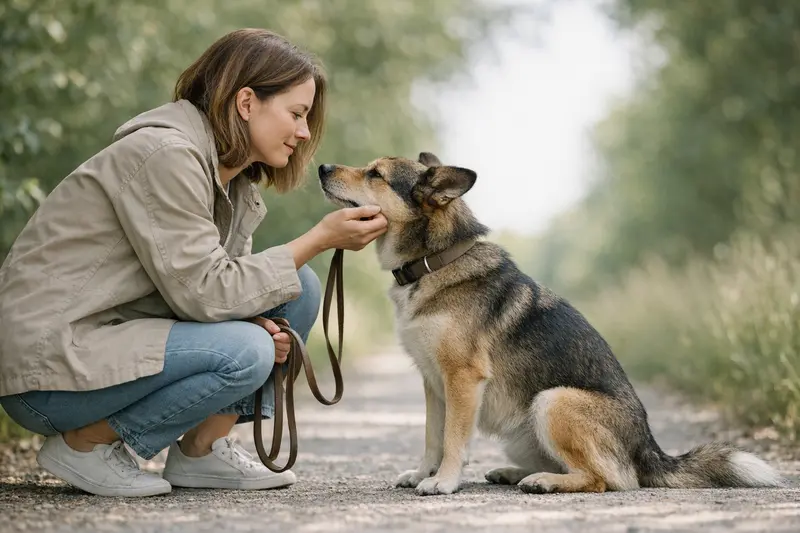 Ein Mensch und sein Hund begegnen sich entspannt im Alltag und kommunizieren über die Leine.