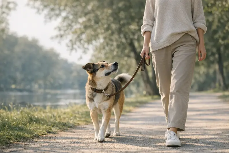 Ein entspannter Hund an lockerer Leine in einem ruhigen Alltagsszenario, das Sicherheit und Vertrauen ausstrahlt.