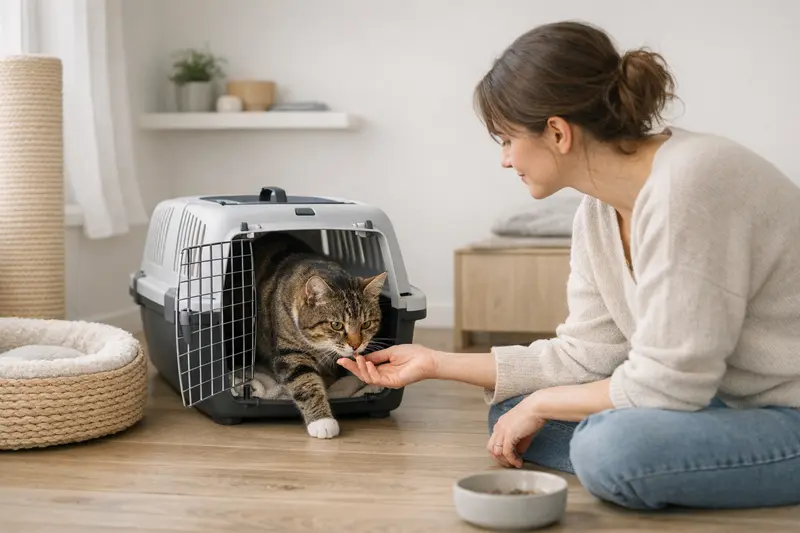 Eine Katze erkundet ihr neues Zimmer mit einer Transportbox, die ein Gefühl der Sicherheit vermittelt.