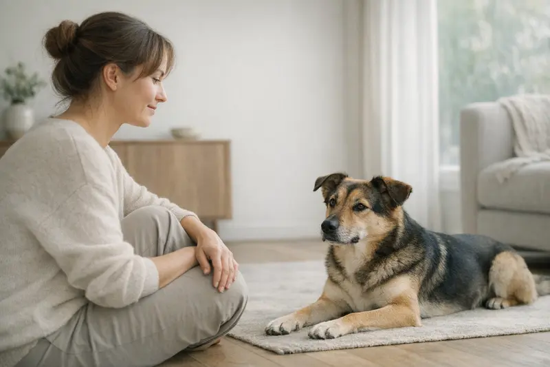 Ein entspannter Hund sitzt neben seinem Halter in einer ruhigen Umgebung, der Vertrauen und Sicherheit ausstrahlt.