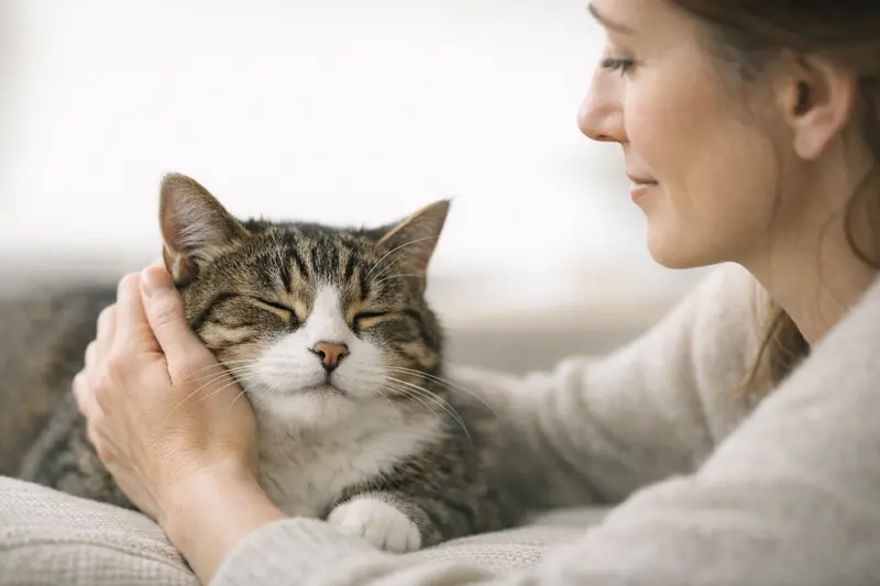 Nahaufnahme einer ruhigen Katze, die schnurrt und ein Gefühl von Sicherheit vermittelt.