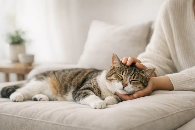 Eine entspannte Katze liegt auf einem gemütlichen Platz und vermittelt ein Gefühl von Sicherheit und Wohlbefinden.