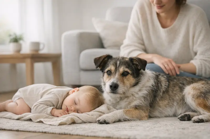 Ein ruhiger Moment zwischen einem Hund und einem Baby, der Sicherheit und Nähe vermittelt.