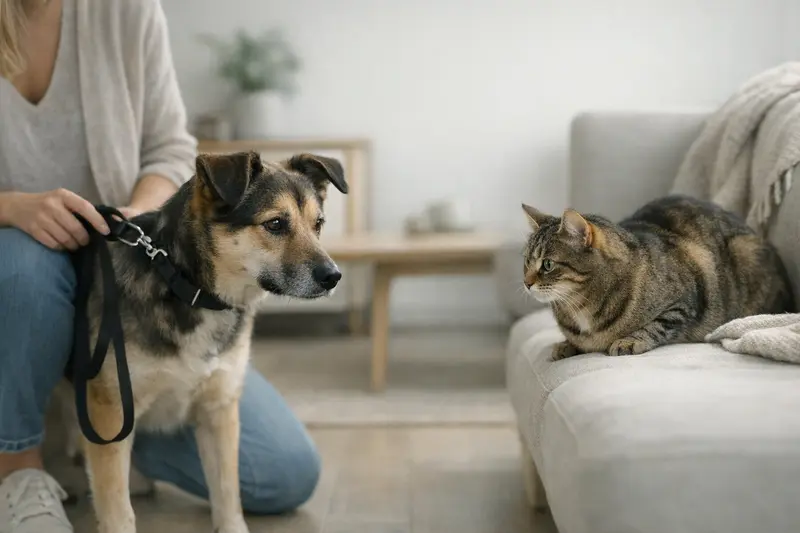 Ein Hund an der Leine begegnet vorsichtig einer Katze, die einen Fluchtweg hat.