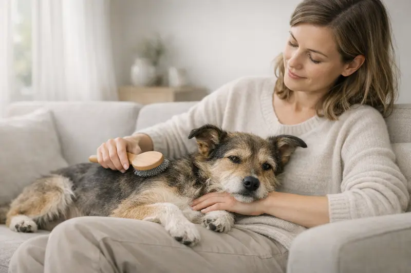 Ein Hund wird sanft gebürstet und erhält liebevolle Pflege.