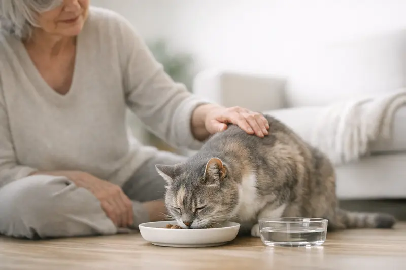 Eine ruhige Seniorenkatze, die genüsslich aus einer Schüssel frisst.