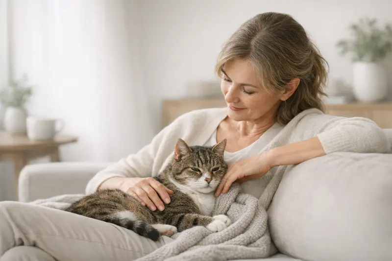 Eine ruhige Senior-Katze in einer häuslichen Umgebung, die Fürsorge und Sicherheit ausstrahlt.