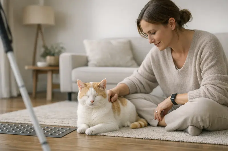 Eine entspannt liegende Katze in einer sicheren Wohnumgebung, die für sehbehinderte Tiere angepasst ist.