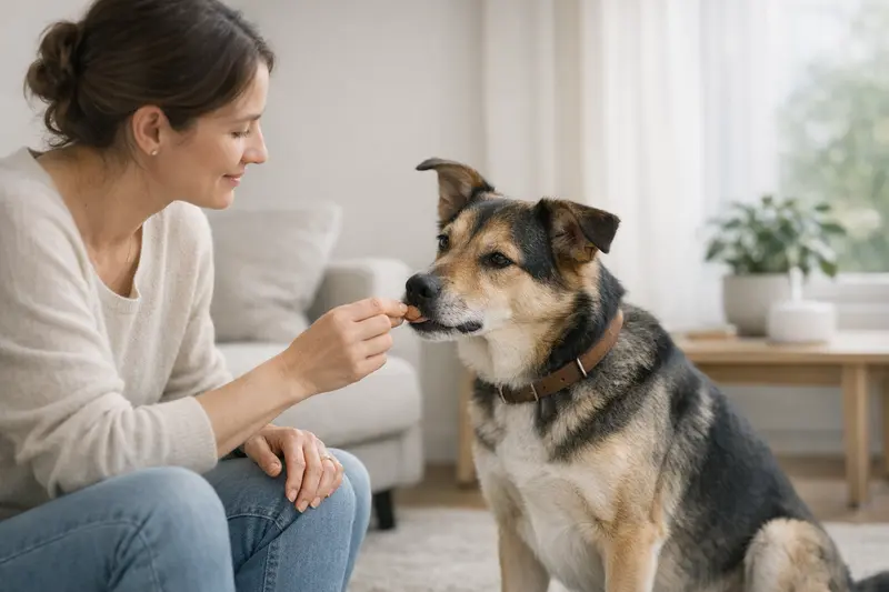 Ein entspannter Hund erhält gelegentlich ein Leckerli als Belohnung während der stressfreien Medikamentengabe.