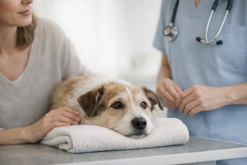 Ein ruhiger Hund legt sein Kinn auf ein Handtuch während einer sanften Untersuchung durch den Tierarzt.