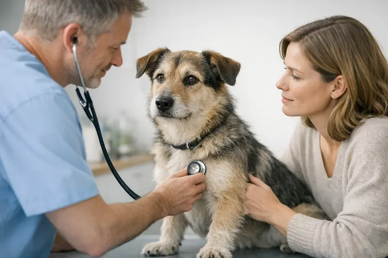 Ein ruhiger Hund während seines Gesundheitschecks bei einem Tierarzt.