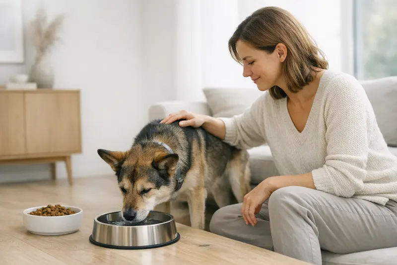 Ein entspannter Hund genießt seinen ruhigen Alltag, während im Hintergrund subtil eine Futter- und Trinkstation sichtbar ist.