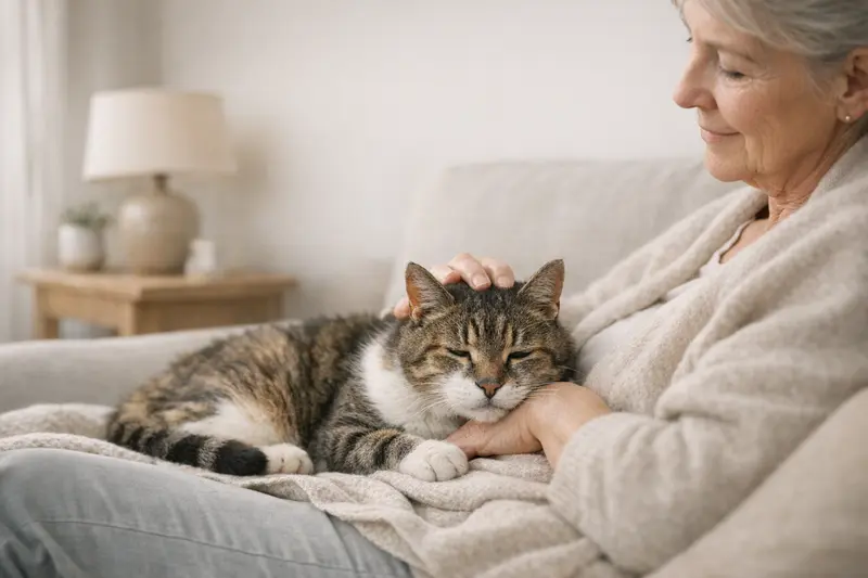 Eine älter werdende Katze ruht sich entspannt in einem gemütlichen Zuhause aus, umgeben von weicheren Kissen.