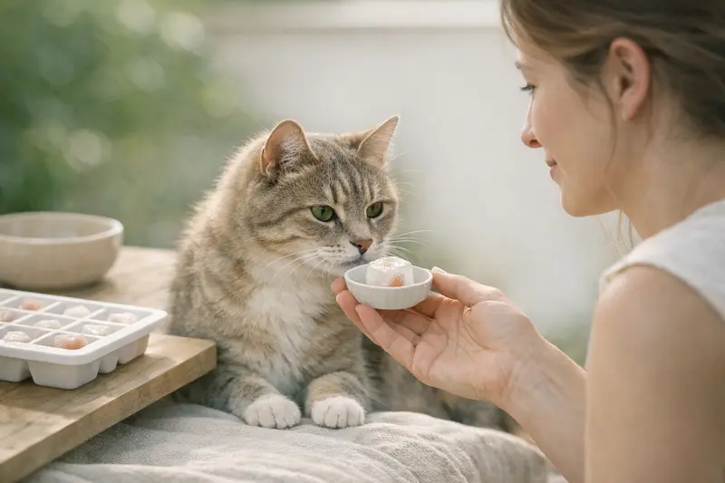 Eine Katze mit einem kleinen Schälchen im Hintergrund, das gesunde Snacks für Haustiere zeigt.