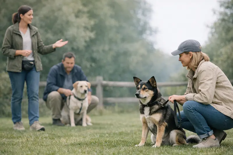 Ein Hund wird von seinem Trainer in einer ruhigen Umgebung angeleitet, um Vertrauen aufzubauen.