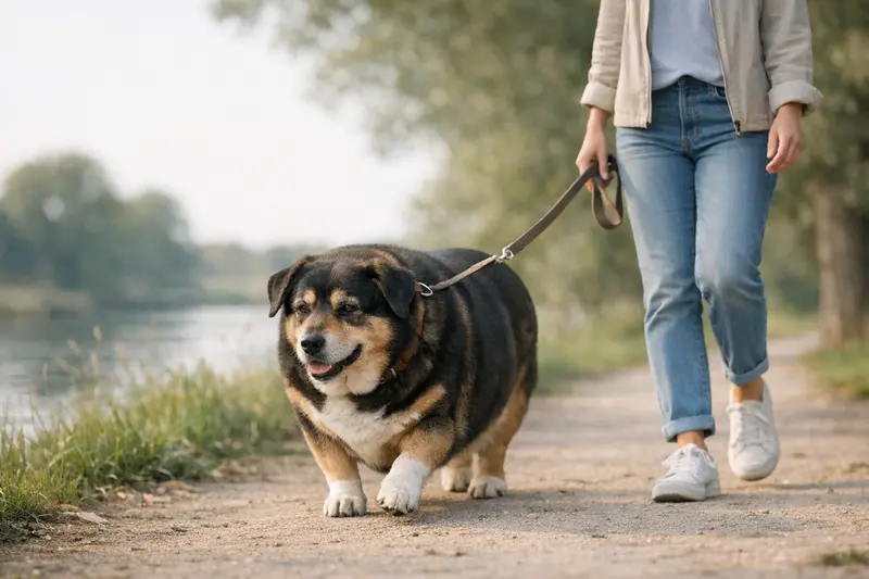 Ein übergewichtiger Hund geht entspannt spazieren und strahlt Sicherheit aus.