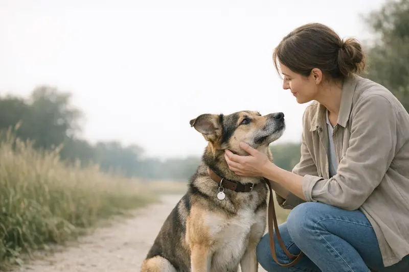 Ein Hundebesitzer geht mit seinem Hund entspannt im Park spazieren und vermittelt verantwortungsvolle Hundehaltung.
