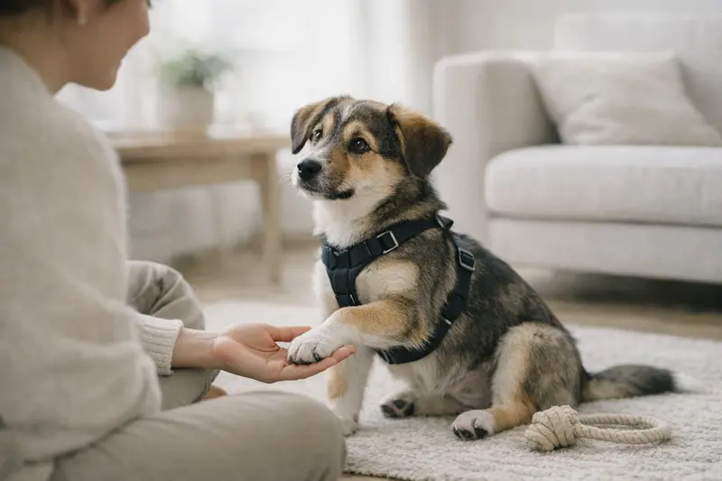 Ein welpenfreundlicher Hund mit Geschirr in einer ruhigen Trainingssituation zeigt Sicherheit und Nähe zu seinem Halter.