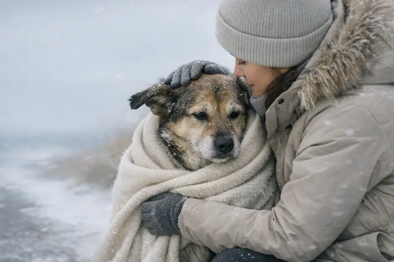 Ein Hund läuft durch verschneite Winterlandschaft, sichtbar in der Kälte.