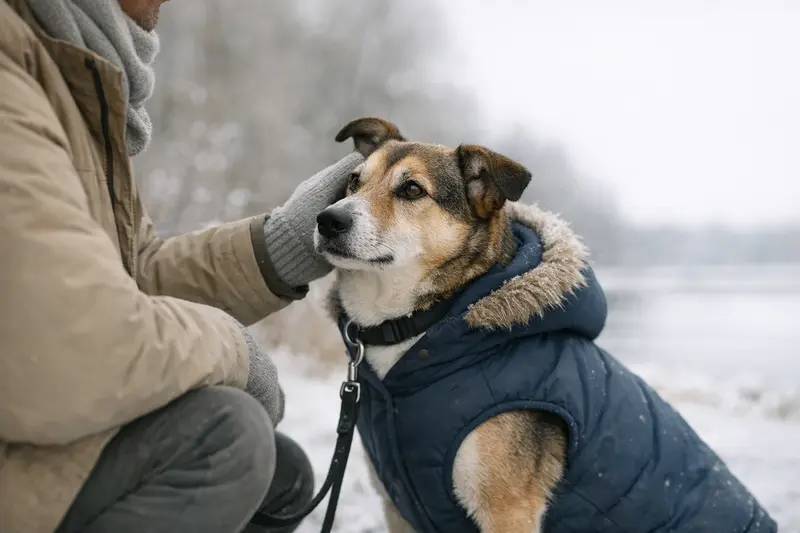 Ein kleiner Hund mit kurzem Fell trägt einen warmen Mantel bei einem Winterspaziergang und zeigt seine Kälteempfindlichkeit.