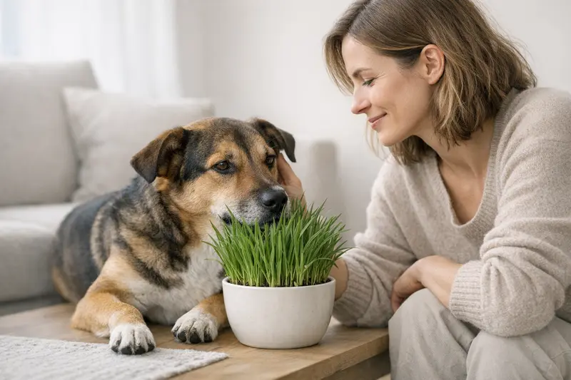 Eine Wohnungskatze zieht am Katzengras, das in einem Topf steht, und zeigt Interesse daran.