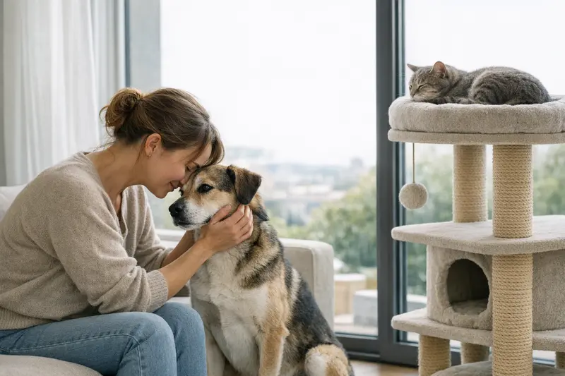 Eine Katze sitzt in der Nähe eines Fensters und nutzt einen Kratzbaum in ihrem modernen Wohnraum.