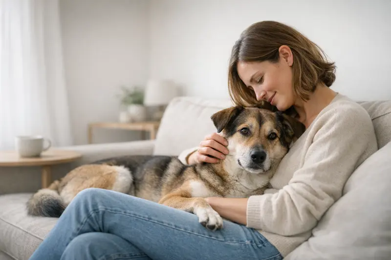 Ein entspannter Hund liegt gemütlich neben seinem Halter auf der Couch und genießt die gemeinsame Zeit.