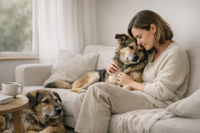 Zwei Hunde entspannen gemeinsam in einer ruhigen und harmonischen Alltagsszene.