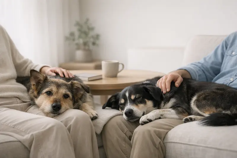 Zwei Hunde genießen gemeinsam eine ruhige Zeit im Garten und strahlen Harmonie aus.