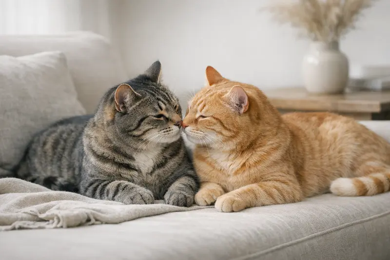 Zwei Katzen in harmonischer Interaktion auf der Couch.