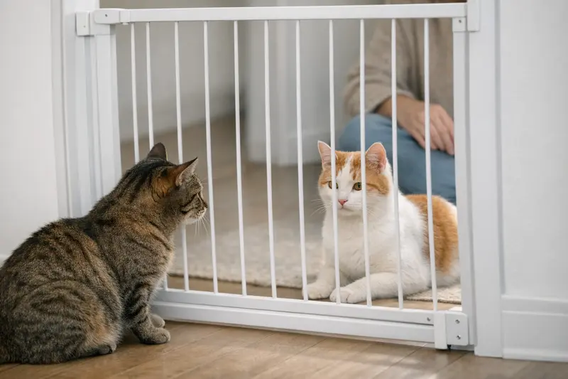 Zwei Katzen hinter einer Gittertür, symbolisieren ihre kontrollierte Annäherung.