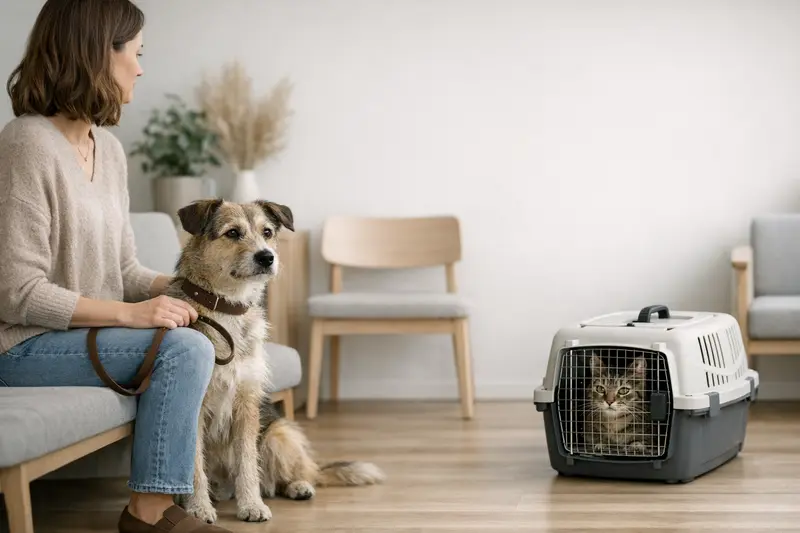 Ein Hund an der Leine und eine Katze in einer Transportbox warten im Tierarzt-Wartezimmer.