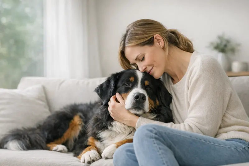 Ein Berner Sennenhund spielt glücklich mit seiner Familie im Garten.