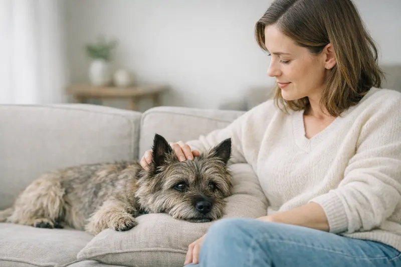 Ein Cairn Terrier spielt im Park und genießt die Zeit mit seinem Halter.