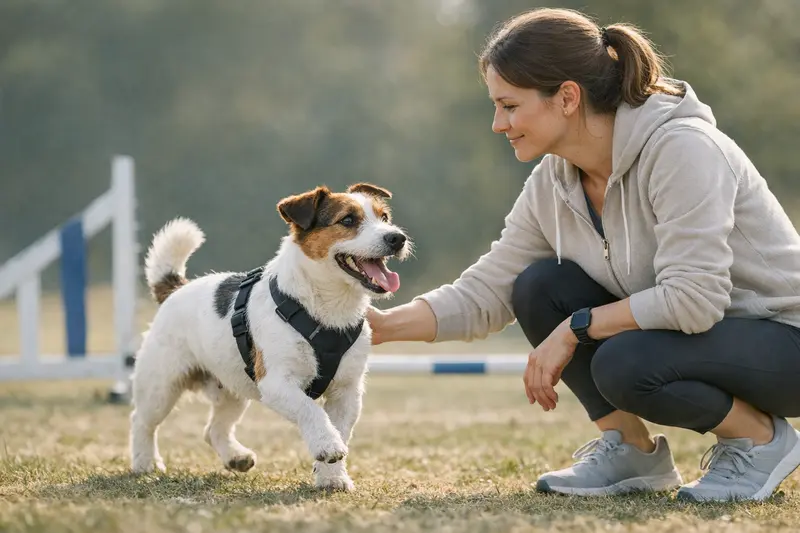 Ein Jack Russell Terrier spielt aktiv im Park und zeigt seine Bewegungsfreude.
