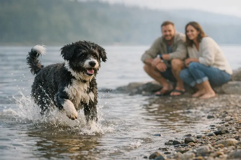 Ein Portgugiesischer Wasserhund springt fröhlich ins Wasser.