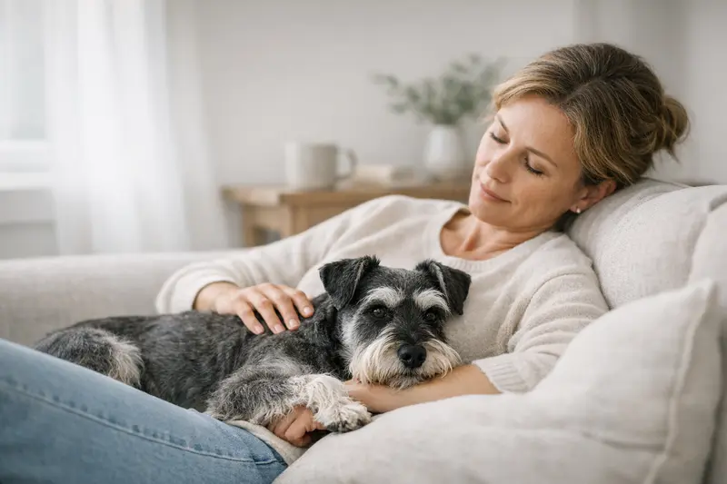 Ein Zwergschnauzer spielt mit seiner Familie im Garten und zeigt seine robuste Gesundheit.