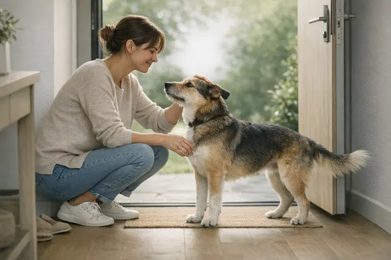 Ein freundlicher Hund begrüßt seinen Besitzer an der Haustür, während er mit den Pfoten auf dem Boden bleibt.