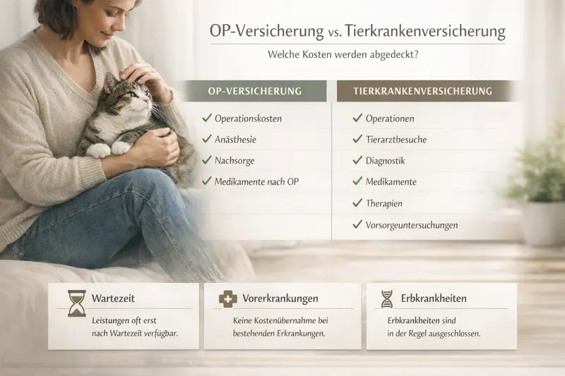 Entscheidungsgrafik zu OP-Versicherung und Tierkrankenversicherung für Katzen mit Hinweisen zu Wartezeiten und Vorerkrankungen