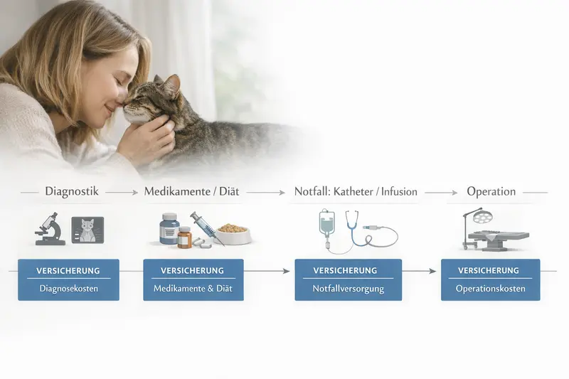 Infografik zu Therapiepfaden für Katzen, die Diagnose, Medikamente und Operationskosten visualisiert.