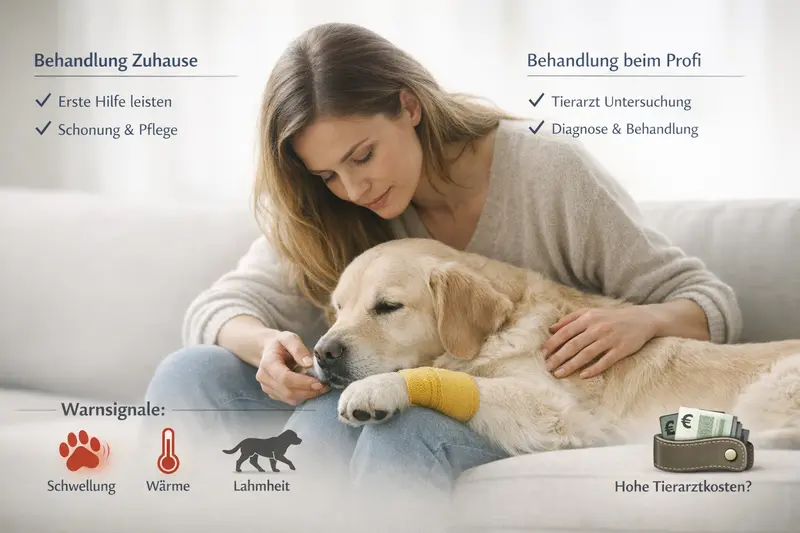 Eine Checkliste zeigt Warnsignale wie Schwellung, Wärme und Lahmheit bei Hunden und vergleicht Zuhause mit professioneller Hilfe.