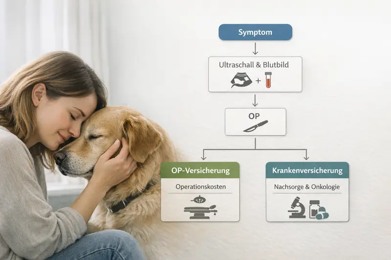 Erklärgrafik eines Entscheidungsbaums zur Diagnostik und Behandlung von Hundesymptomen.