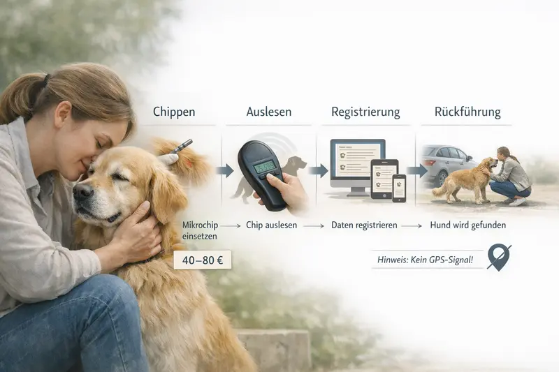Eine informative Grafik zeigt den Prozess des Chippen von Hunden, inklusive Auslesen, Registrierung und Rückführung im Fundfall.