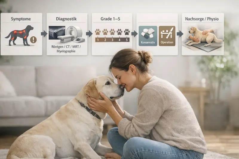 Eine visuelle Orientierungshilfe zur Diagnose und Behandlung von Hundesymptomen, die verschiedene Verfahren wie Röntgen, CT, MRT und Myelographie zeigt.