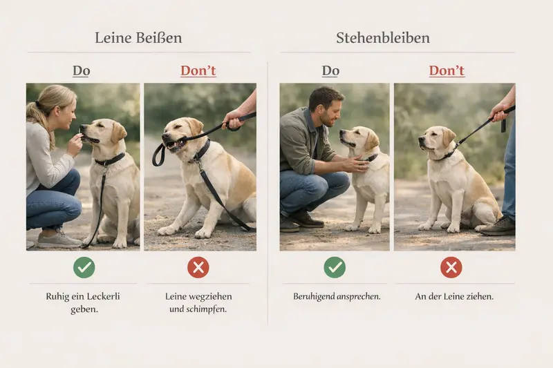 Illustration von zwei Problemfällen bei Hunden: Leine beißen und stehenbleiben mit Do/Don’t-Anleitungen.