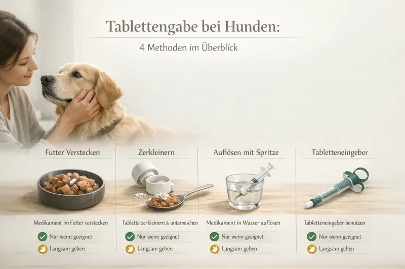 Illustration der 4 Methoden zur Verabreichung von Medikamenten an Hunde mit Sicherheits-Icons.